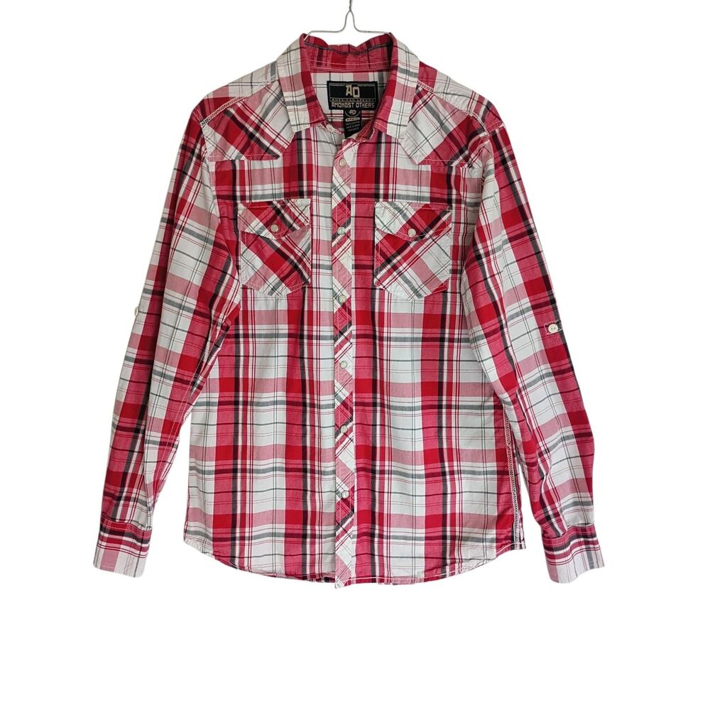 Western Red Plaid Shirt Men's Sz M Long Sleeves Pearl Snap Front American Legacy